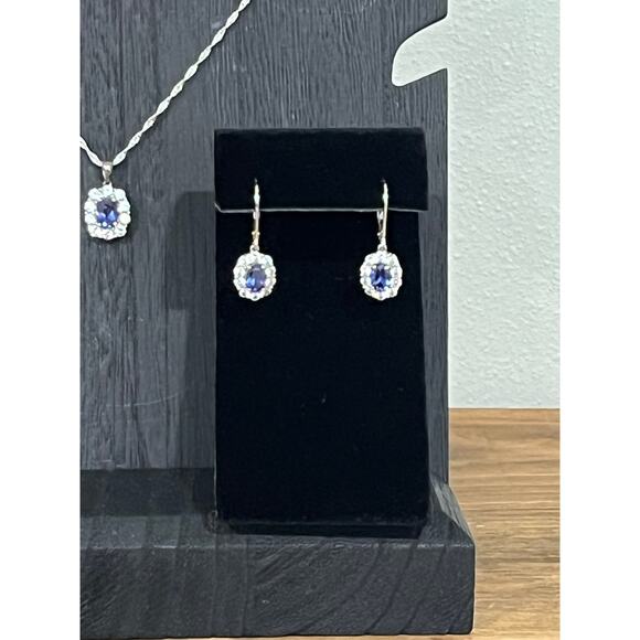925 Sterling Silver Blue Stone Halo Necklace & Dangle Earrings Set 16.5” - Picture 2 of 16